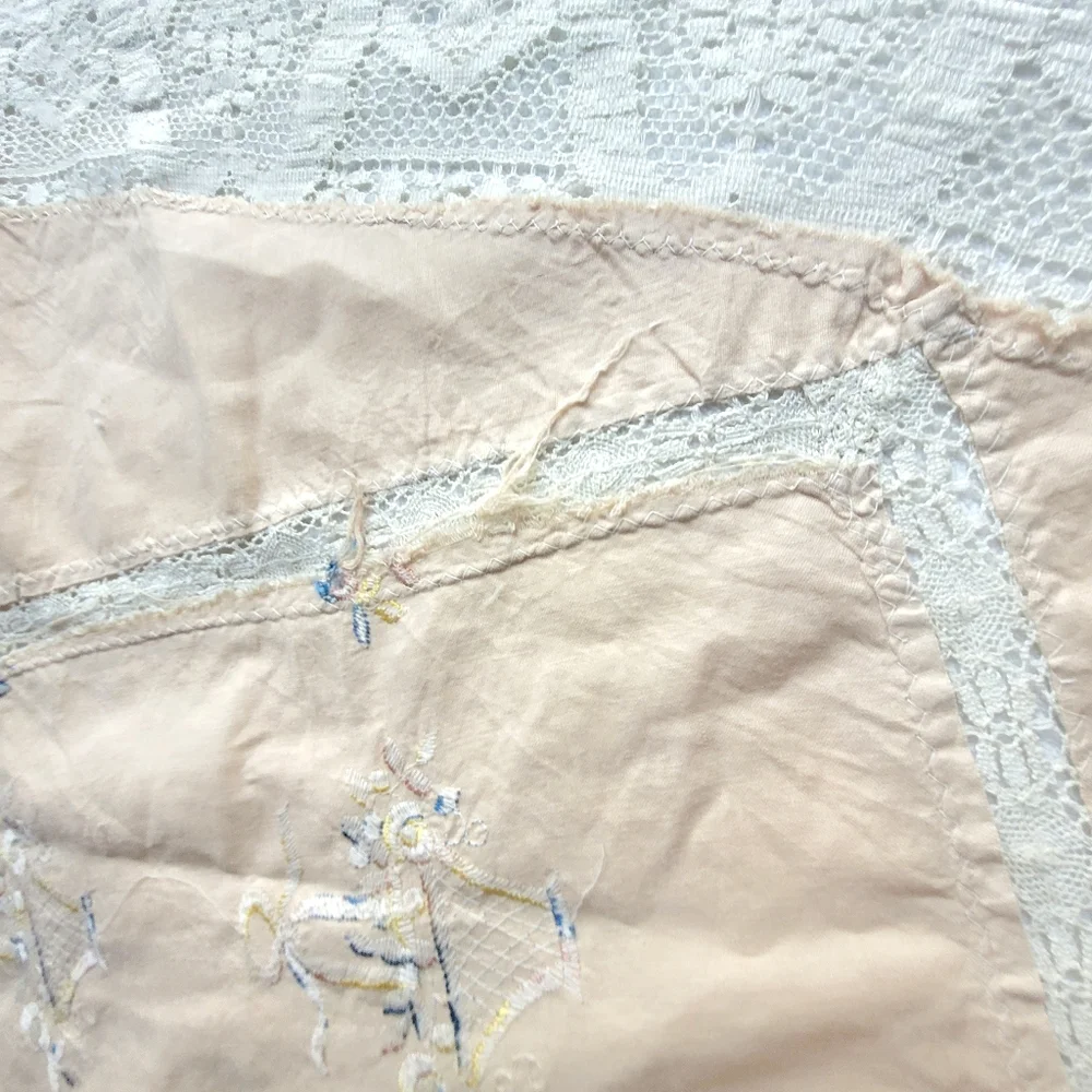 Vintage Handmade Linen Round Tablecloth Lace Ivory Floral Basket‎ Embroidery